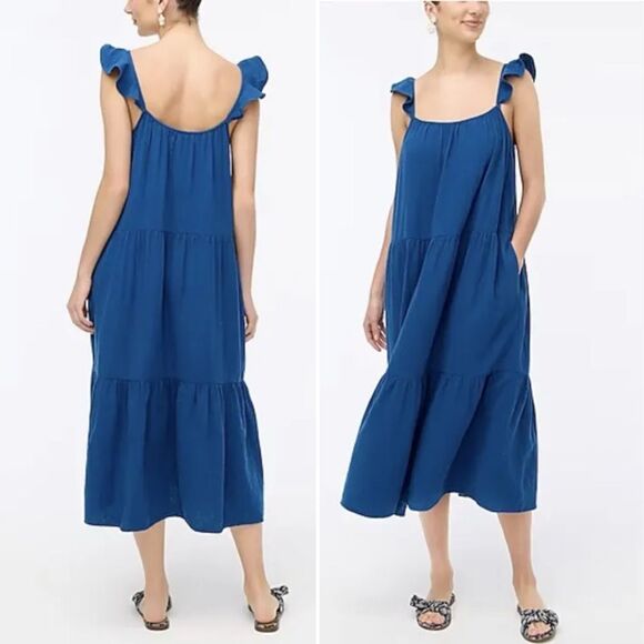 NWT J. Crew Ruffle Strap Gauze Tiered Maxi Dress Teal Blue Size XXL NEW Relaxed - Picture 1 of 15